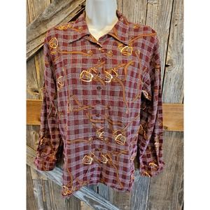 British Khaki size 6 women career casual Western Button up rayon maroon ^